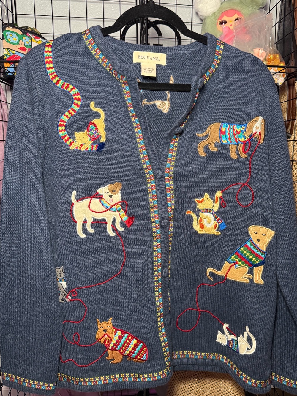Bechamel Navy Cardigan Sweater with Colorful Embroidered Dogs and Cats